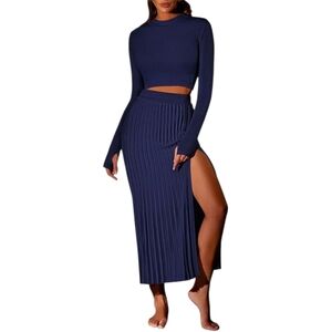 Unbranded | Navy Blue Two Piece Crop Sweater & Maxi Length Skirt Set (Size XL)